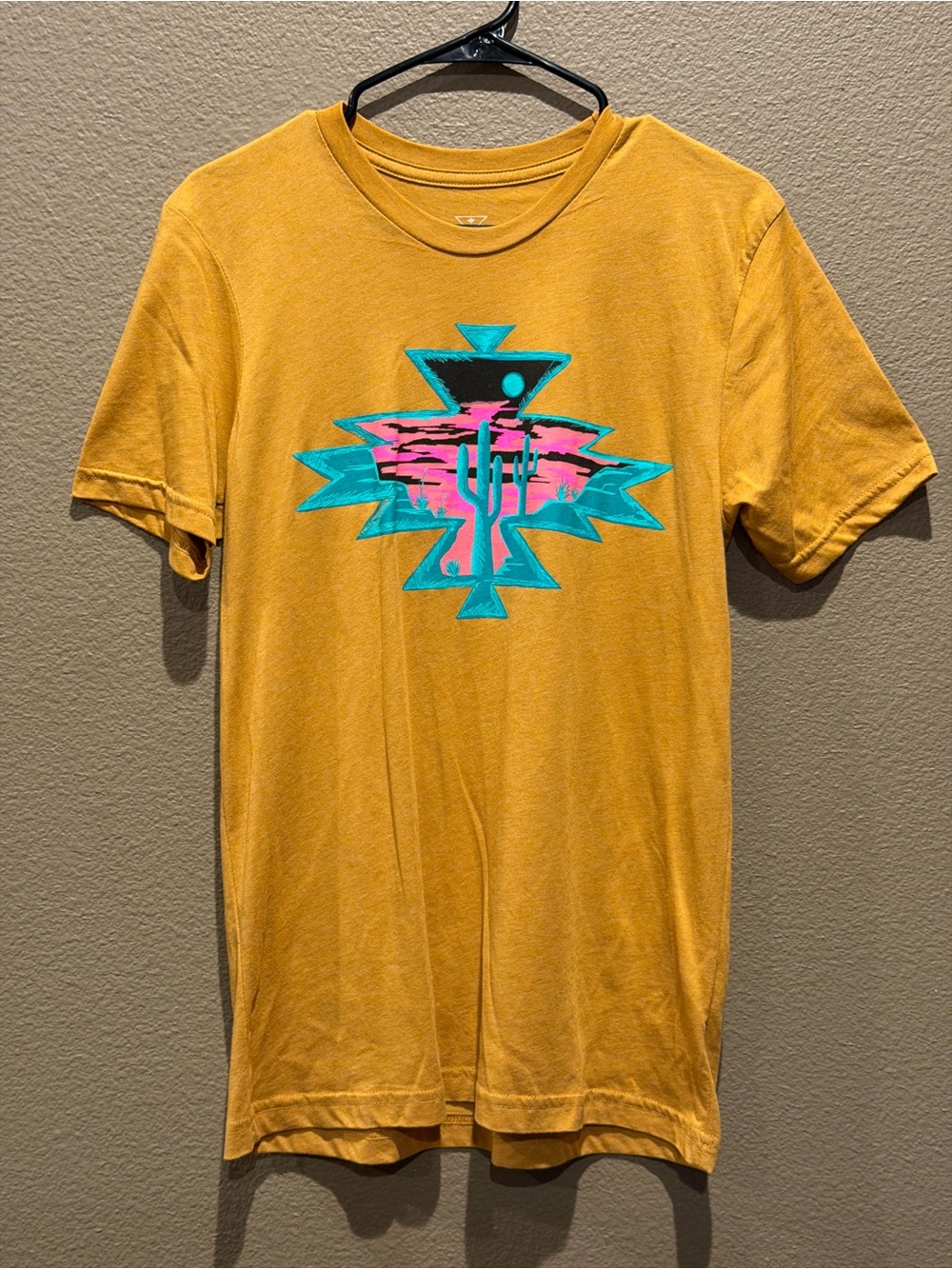 Crazy Train Mustard Short-Sleeve Tee with Turquoise and Pink Desert Graphic